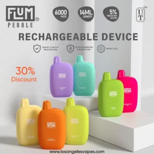 Flum Pebble 6000 Disposable Vape Kit - 6,000 Puffs in Top 2025 Flavors (Lush Ice, Blue Razz, Mango Peach)