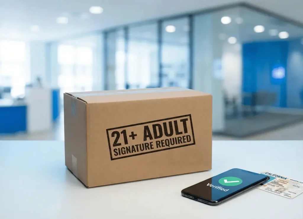 Vape shipping policy adult signature required package with California age verification and STAKE Act compliance