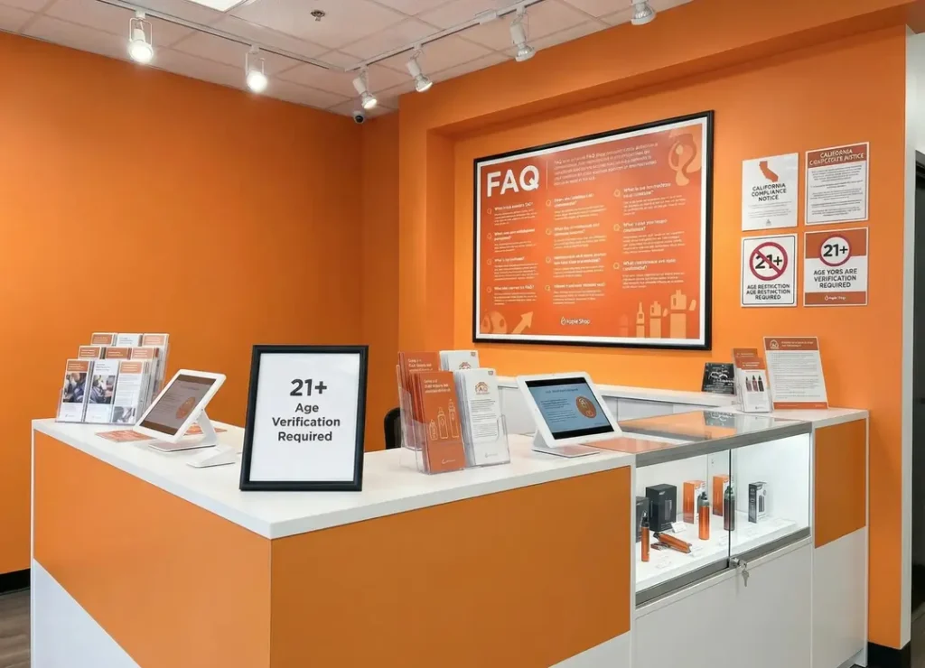 Vape shop FAQ educational display showing California age verification 21 plus compliance and tobacco law information