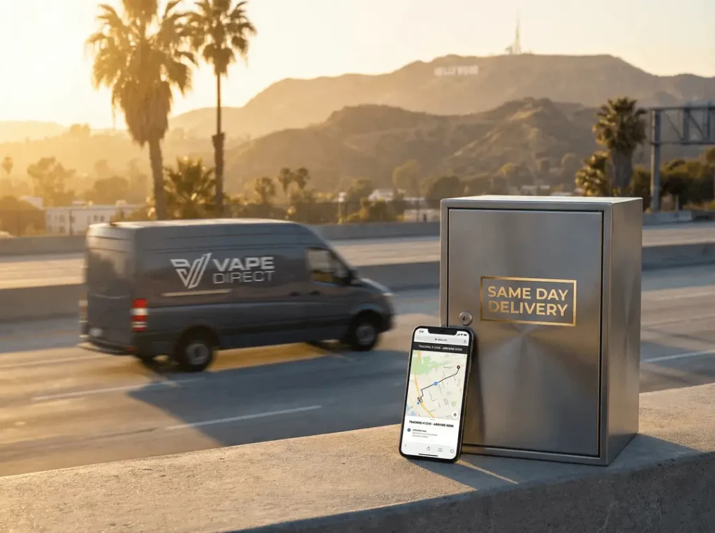 Vape delivery Los Angeles same day service showing delivery box with LA skyline and fast shipping