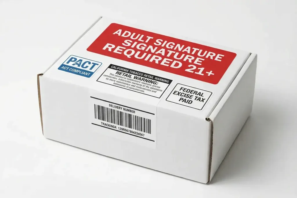 Shipping policy compliant vape delivery package with adult signature required label and PACT Act compliance notices