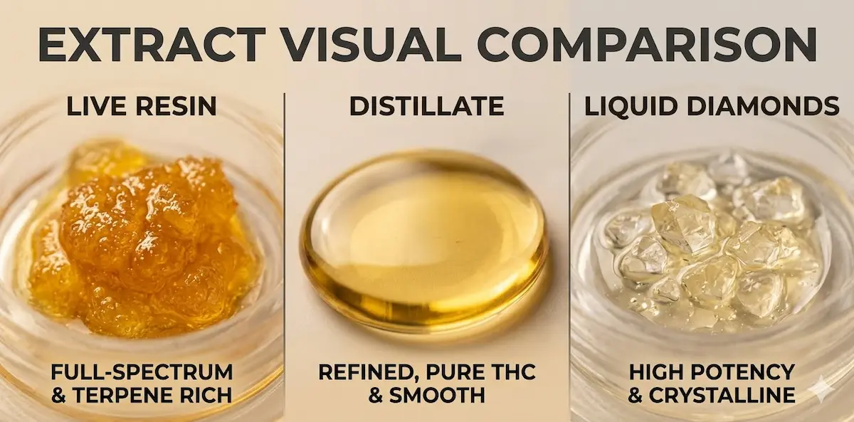 Comparison of three cannabis extract types: live resin with dark golden color, distillate with clear amber color, and liquid diamonds with crystalline chunks suspended in sauce