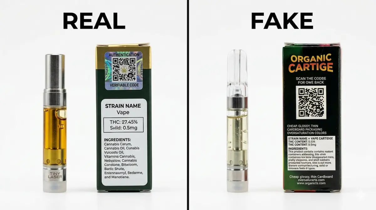 Split screen comparison of a real vape cartridge on the left with golden amber oil and matte packaging versus a fake vape cartridge on the right with watery clear oil and cheap glossy packaging