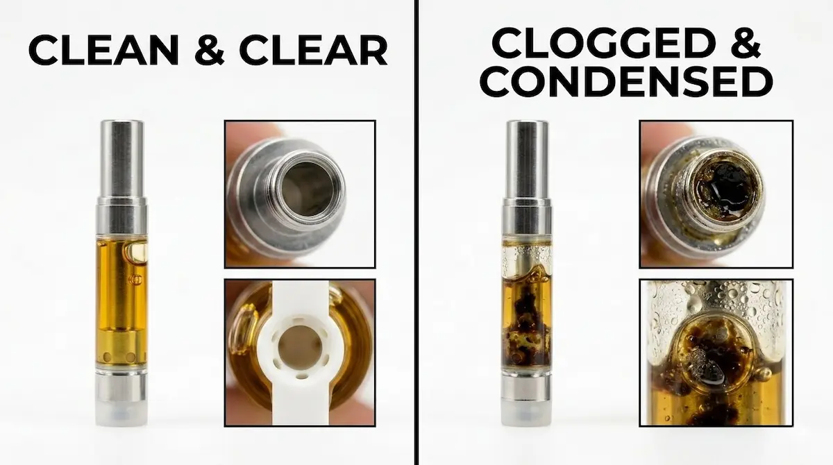 Comparison of a clogged vape cartridge with dark residue buildup versus a clear, unclogged cartridge with golden oil and clean airflow