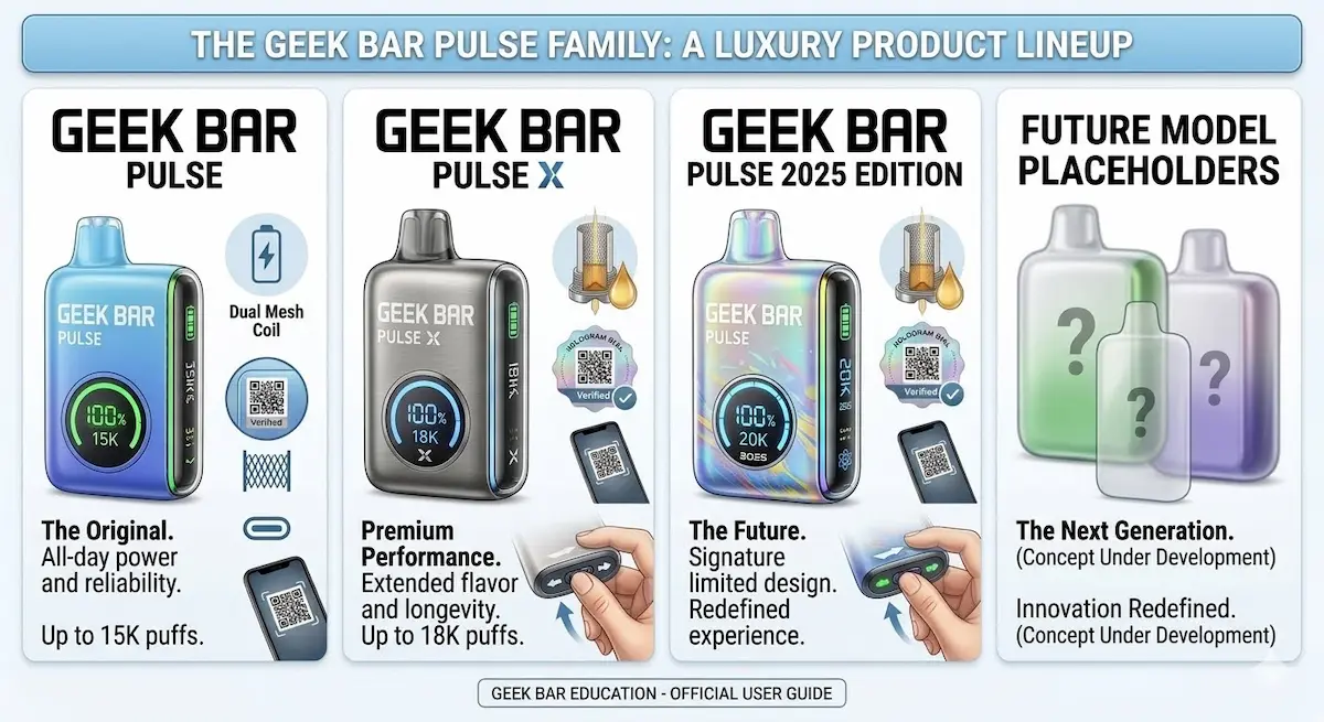 Geek Bar Product Lineup – Latest Disposable Vape Models Geek Bar product lineup showing Pulse, Pulse X and 2025 Edition disposable vape models