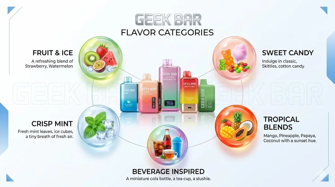 Geek Bar Vape Flavors Guide – Popular Flavor Collection Geek Bar vape flavors guide showing popular flavor collection including fruit, ice, mint, candy and beverage flavors