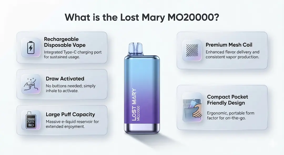 Lost Mary MO20000 Pro disposable vape features infographic
