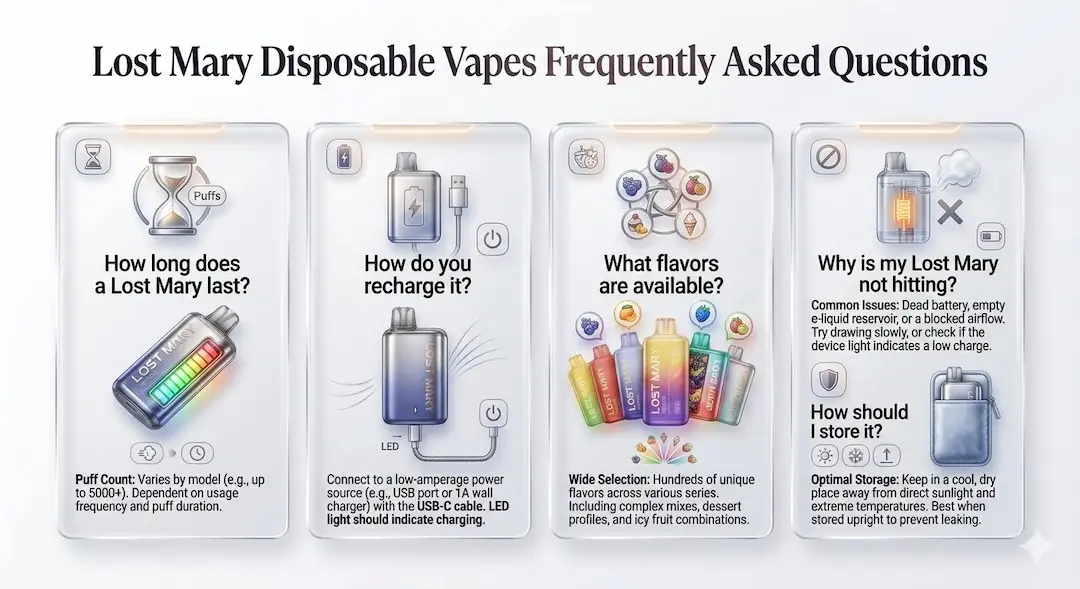 Lost Mary Disposable Vapes FAQ infographic showing common questions and answers