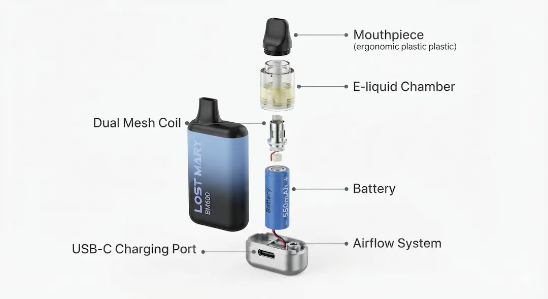 Lost Mary Mesh Coil Technology showing the advanced QUAQ coil design for superior flavor