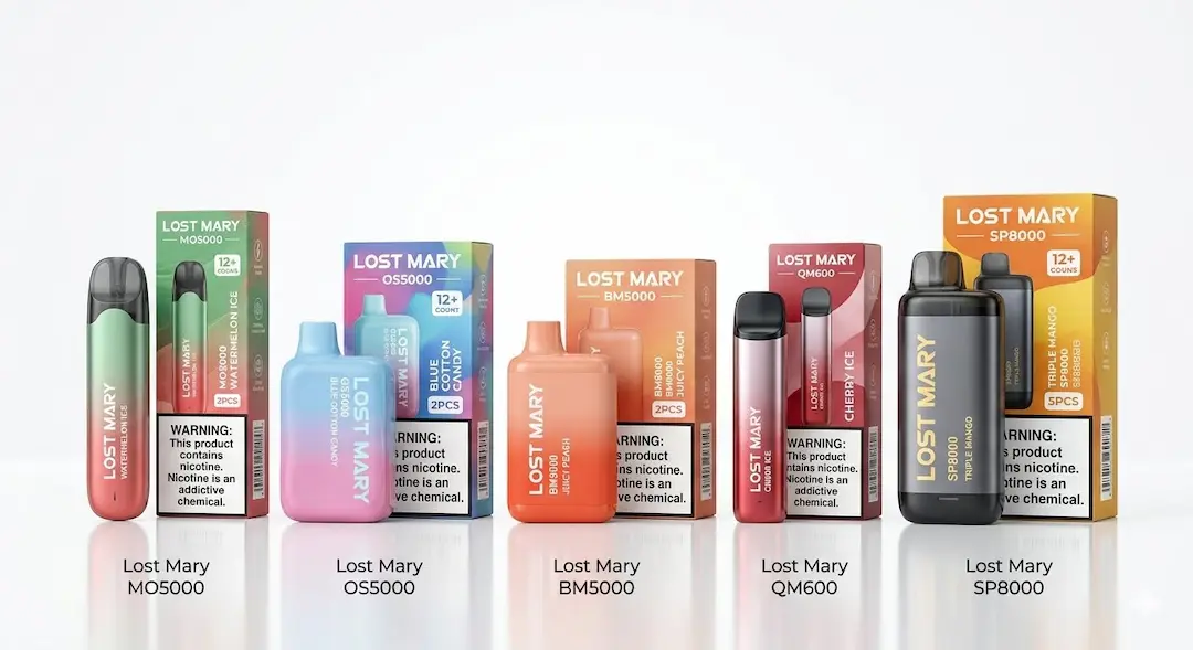 Lost Mary Product Lineup showing the latest models including the MT15000, BM6000, and OS5000