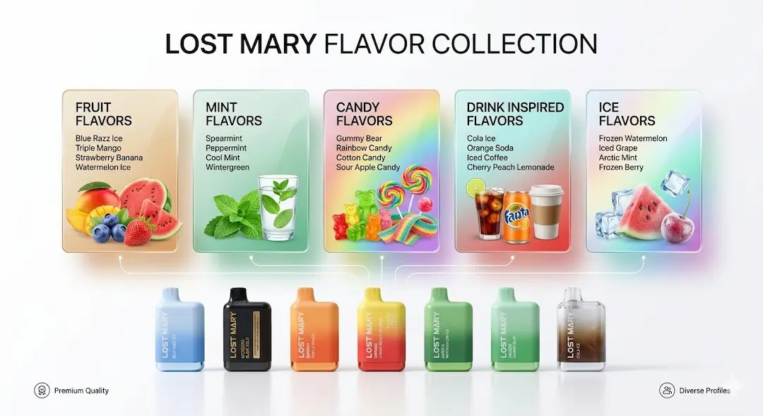 Lost Mary Vape Flavors Guide featuring various fruit, ice, and candy flavor collections
